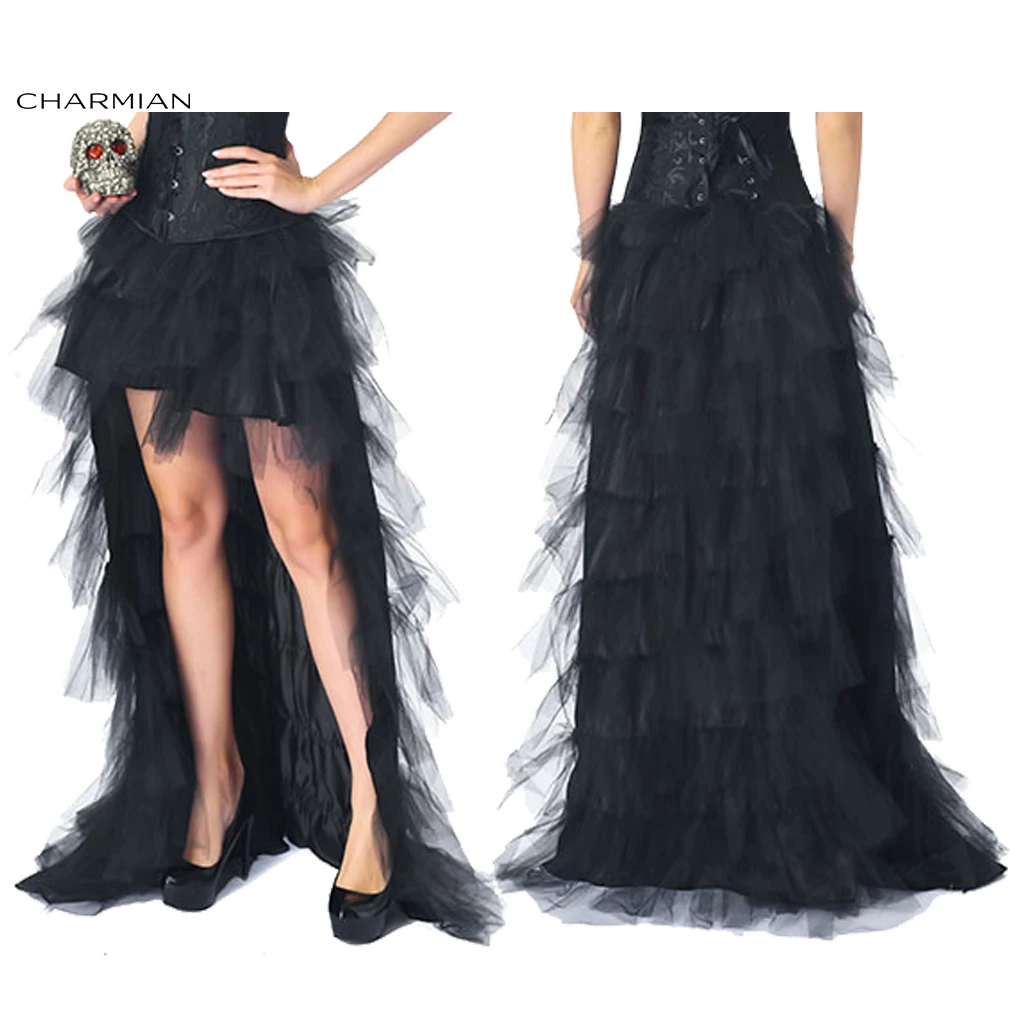 Charmian-falda de tul Alto y Bajo para mujer, falda negra Retro multicapa de gasa elástica de cintura alta para baile, enagua para fiesta, disfraz