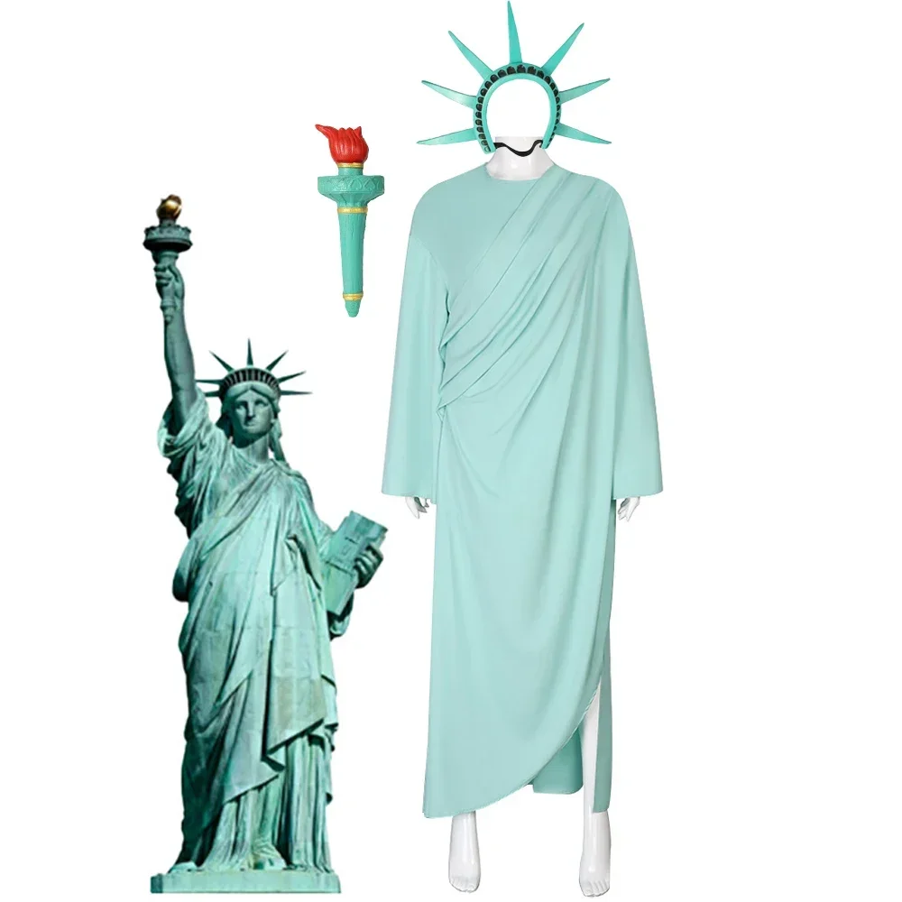 Statue of Liberty Cosplay  Adult Lady Liberty Costume Green Women Patriotic Collection Halloween Party Fancy Dress Headwear