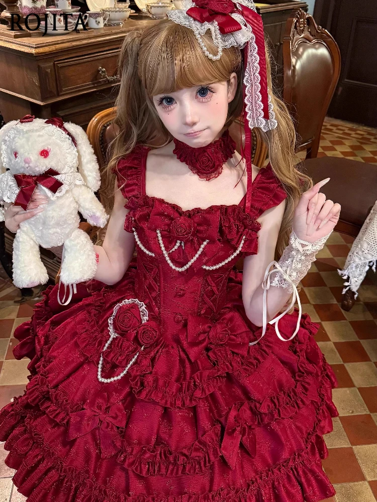 

Burgundy Lolita Dress 3D Rose Sleeveless Princess Dress with Detachable Pearl Necklace and Tail and Side Clip Flower Ball