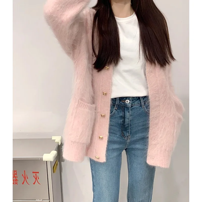 Pink Soft Fluffy Knitted Cardigan Women's 2024 Autumn Winter Casual Loose Long-sleeved Sweater Jacket Oversized Sweater