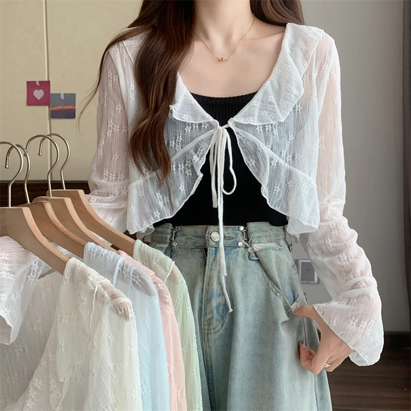 Women Summer Ruffles Sweet Cardigan Long Sleeved Lace Up Transparent Knit Short Coat V-neck BOHO Spring Beach Sunscreen Shirt