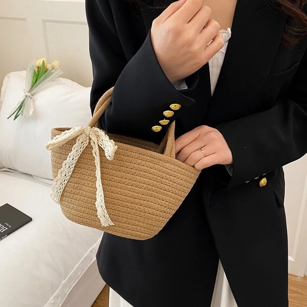 Cotton Thread Woven Cotton Rope Woven Bag Lightweight Pure Color Storage Basket Bucket Shape Boho Shopping Basket Resort Wear