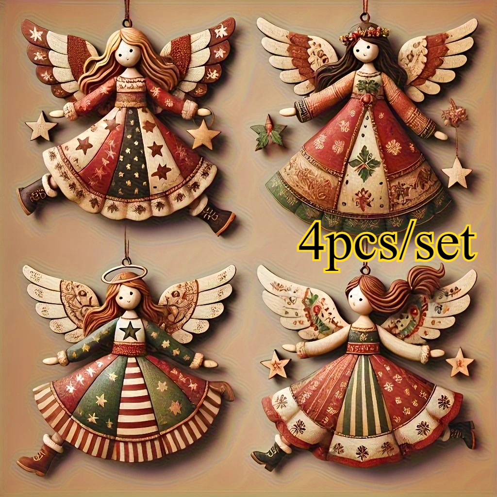 4pcs Vintage Wooden Angel Ornament - Flat Creative Christmas Tree Hanger, Retro Decorative Doll Pendant for Holiday Decoration