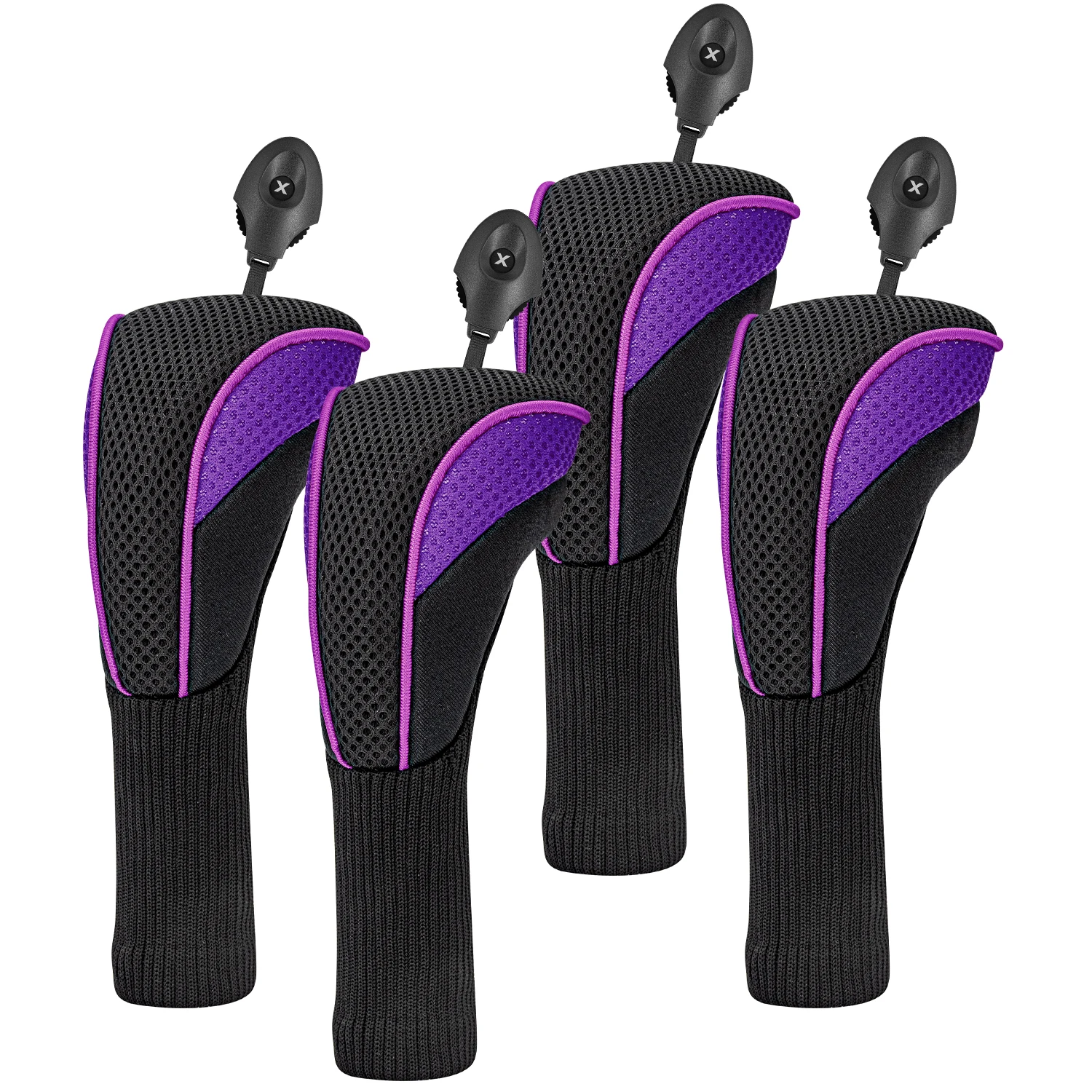 1PC/4PCS Hybrid Golf Headcover, Mesh Spliced Black Purple Club Protector with Rotatable Number Tag, Fits Golf Clubs