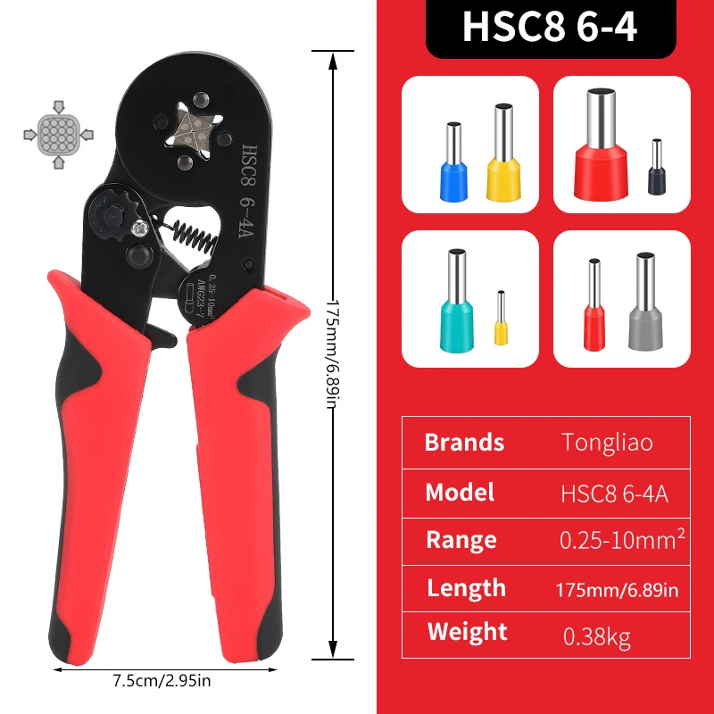 Tube Terminal Crimping Tools Ferrule Crimping Pliers HSC8 6-4 0.25-10mm² 23-7AWG Electrician Clamp Sets Wire Tips