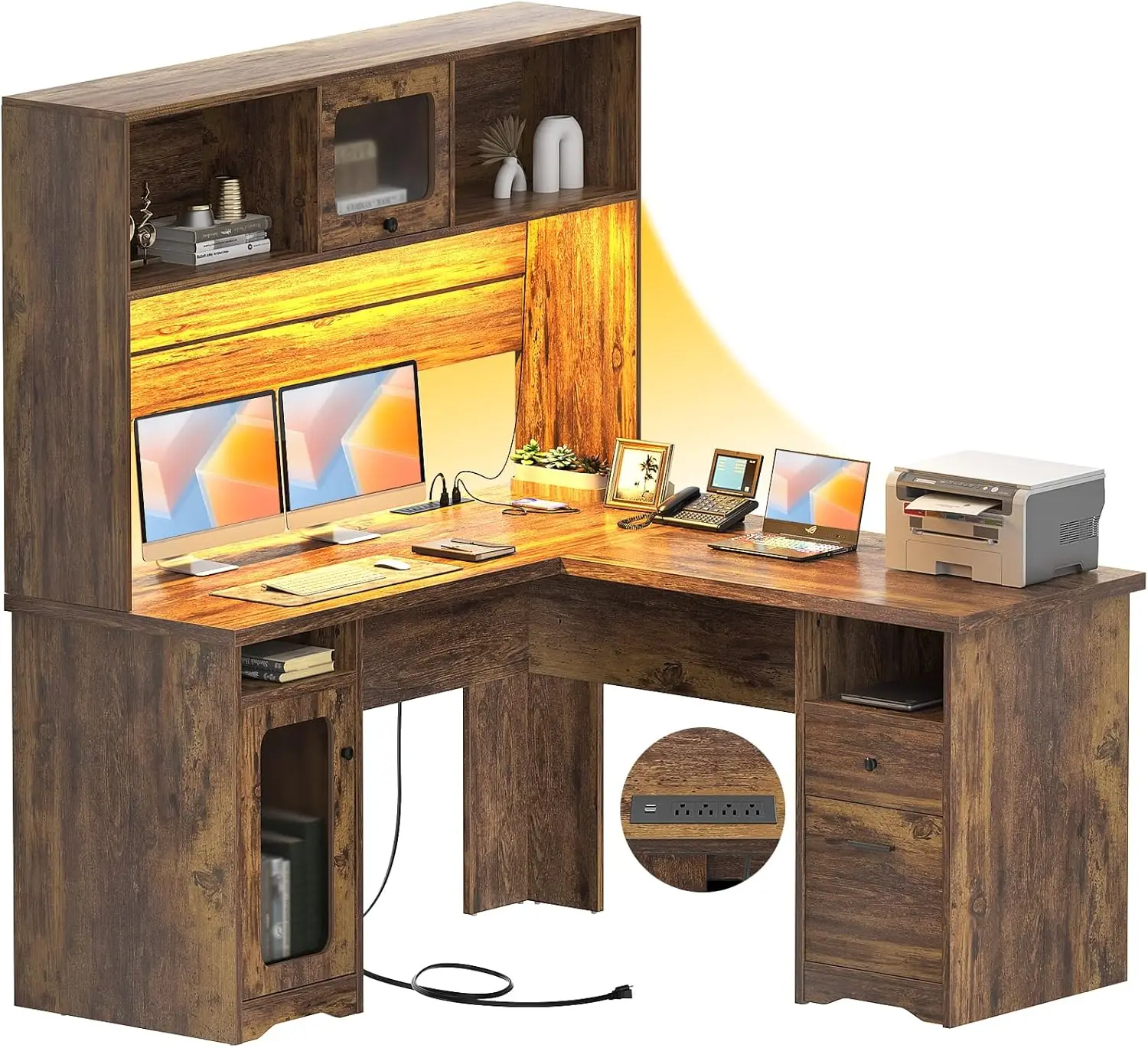 Mesa Unikito em forma de L com gavetas, mesa de escritório de 60 polegadas com tomada de energia e luzes LED, mesa de computador de canto resistente com gaiola