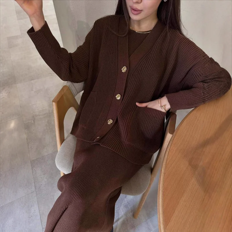 

European and American Women's Long Dress2025Autumn New Home Casual Knitted Cardigan Sweater Bodycon Dress