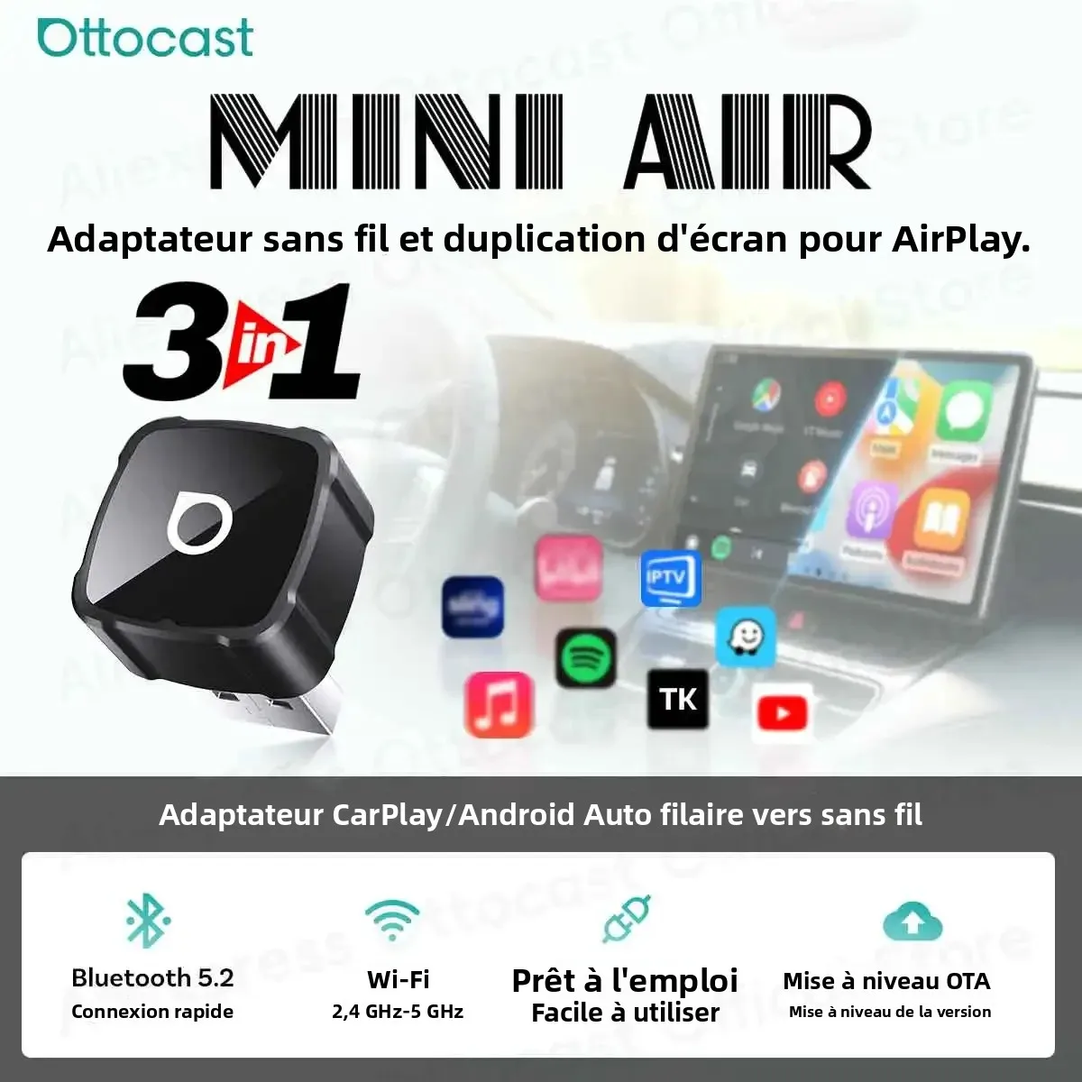 OTTOCAST Adaptateur MINI AIR 3 en 1 4.0 Cube Dongle 2026 CarPlay sans fil Android Auto pour iOS Screen Mirroring Accessoires de voiture