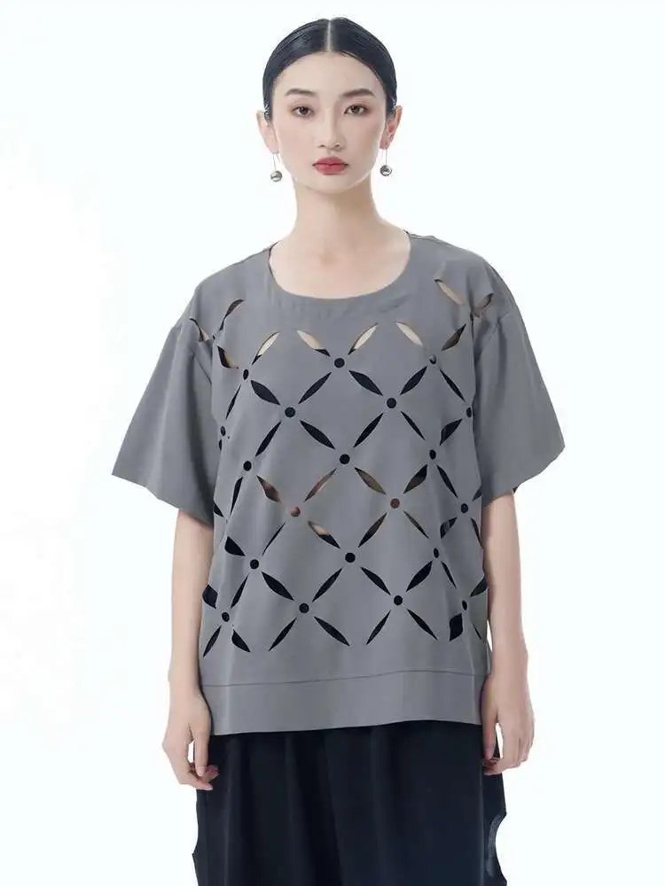 

Women Gray Black Hollow Out Big Size Casual T-shirt New Round Neck Short Sleeve Fashion Tide Spring Summer