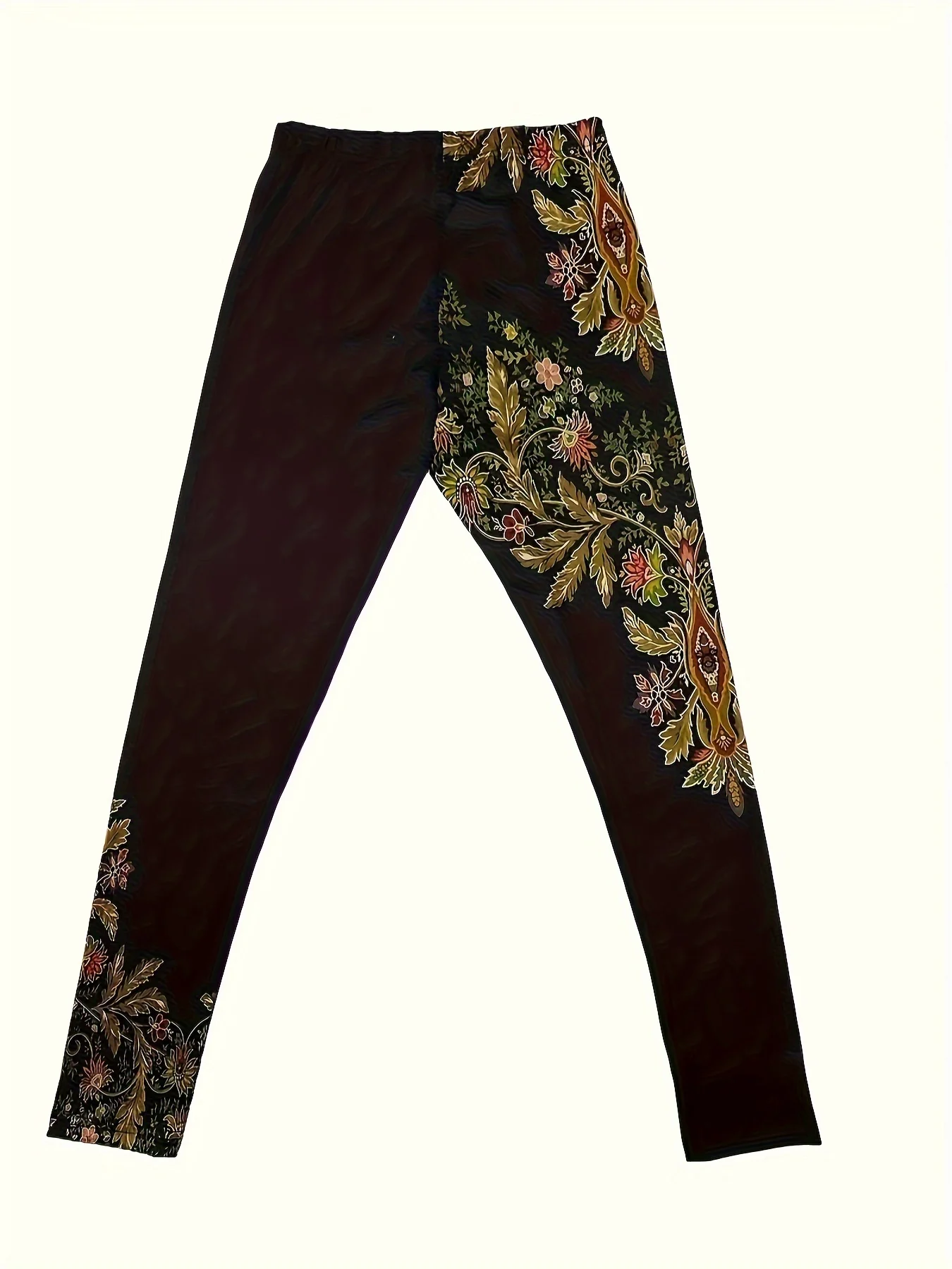Women Mid‑Rise Fleece Lined Leggings Vintage Ornate Floral Side Print Stretch Warm Ladies Casual Pants