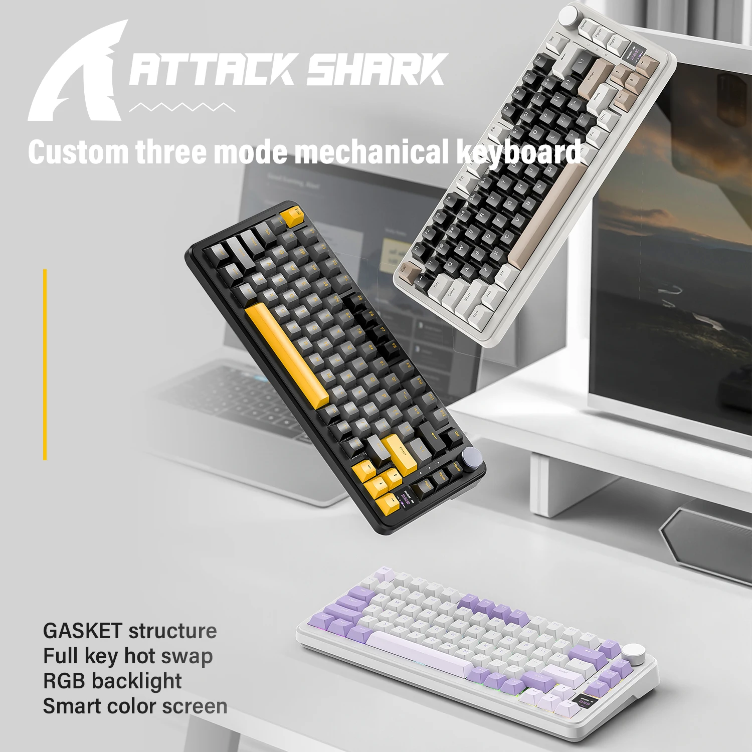 X85Pro Bluetooth Gaming Keyboard TFT Color Screen,ATTACK SHARK Macro Mechanical Keyboard,Hot Swap,RGB,4000mA Wireless Big Power