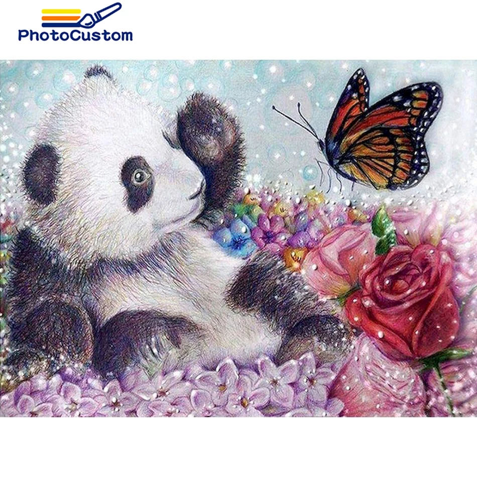 

PhotoCustom Diamond Paintings Panda Diy 5D Full Round Diamond Embroidery Adults Kit Diamond Mosaic Animal Rhinestones Diamond