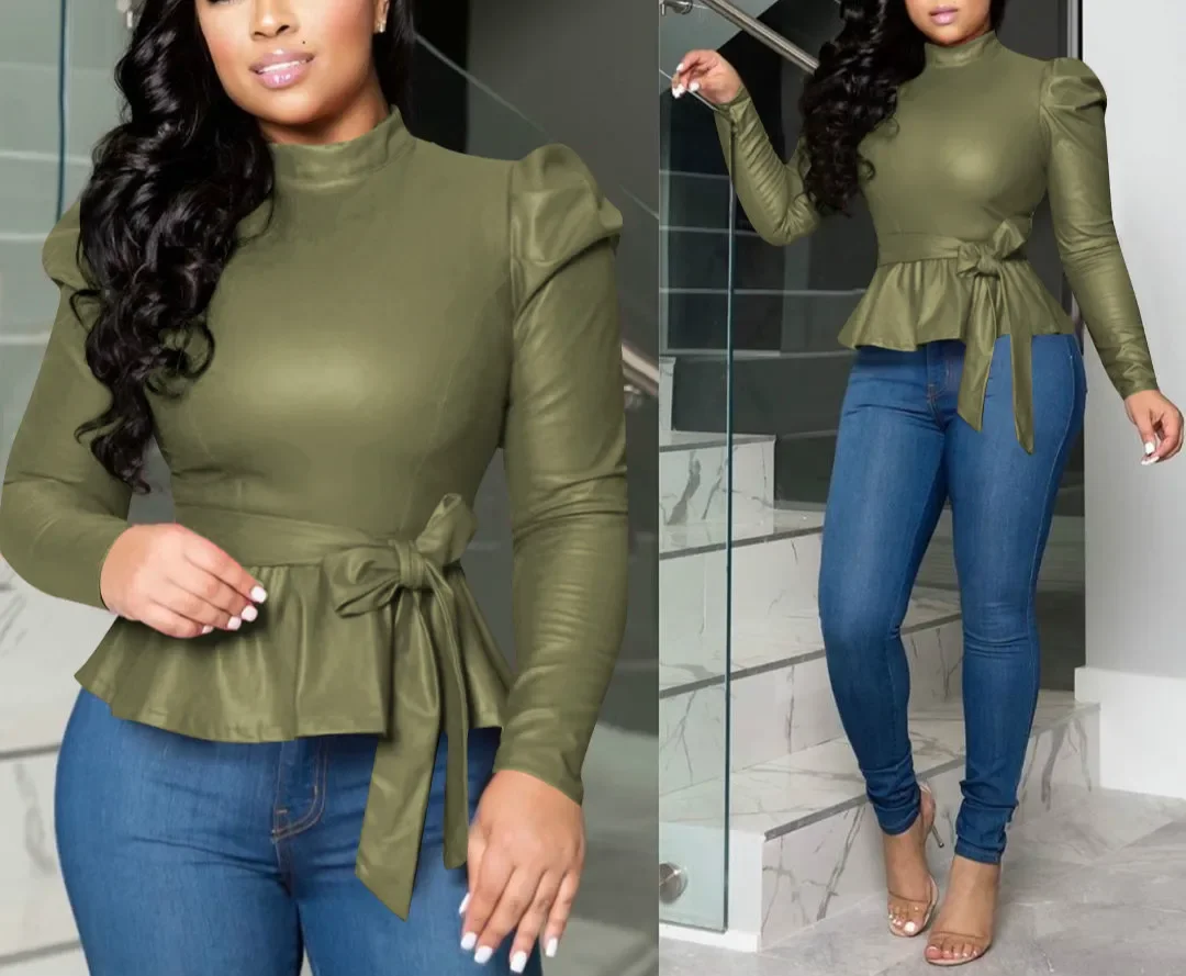 Women Bonded Leather Long Sleeve Slim Solid Pullover High Street Tops Cool Mulit-Colors Locomotive Style T-Shirt with Sashes