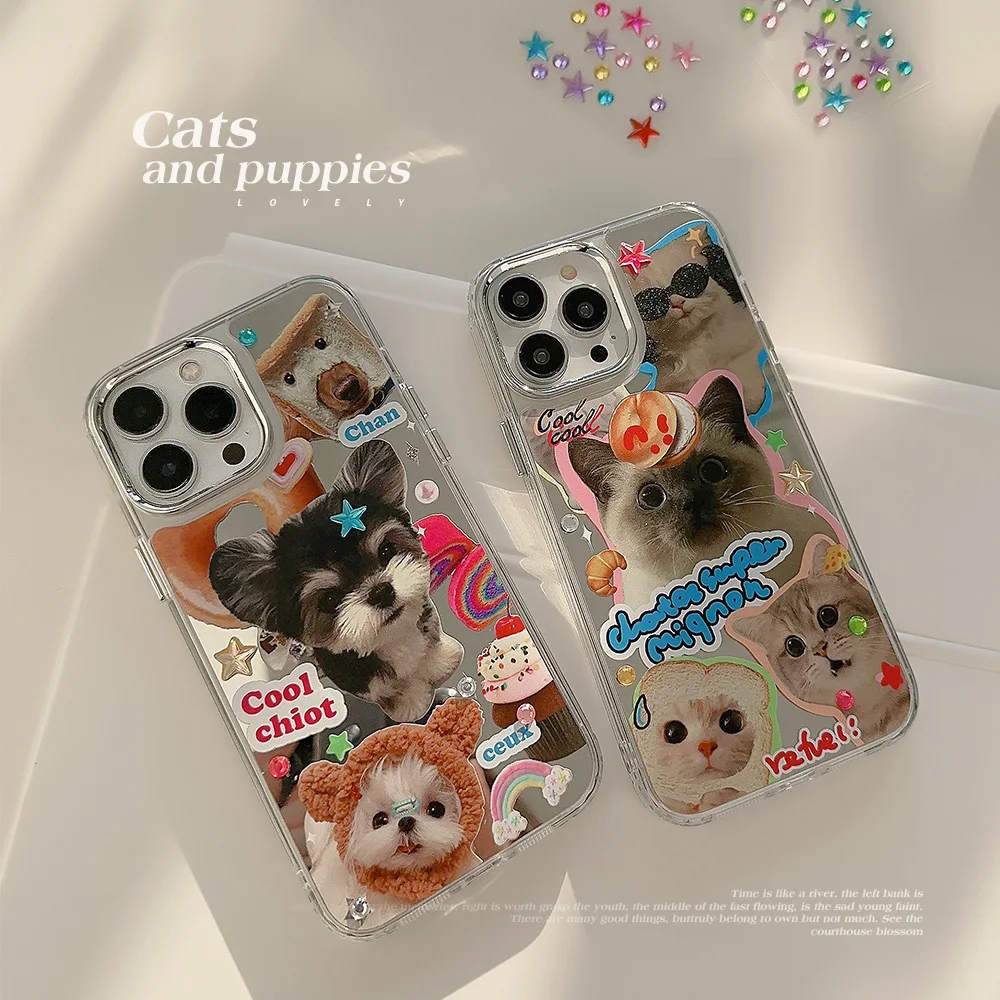 

Diamond Stick Cat Dog for Phone 16 15 14promax Phone Case Electroplated Mirror Cute For phone 13 12pro 11 applies