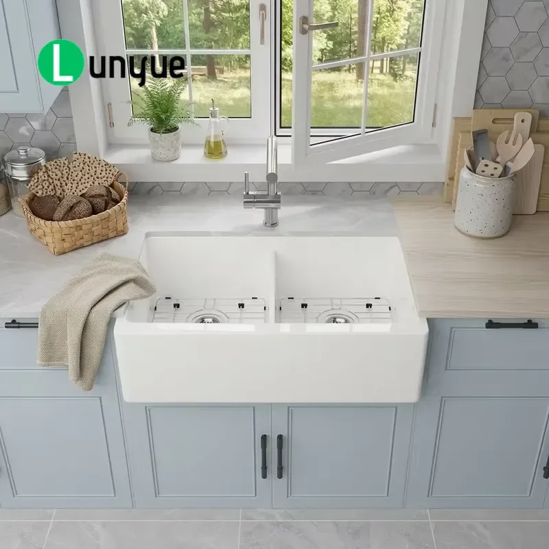 33 Inch Reversible Fireclay Double Bowl Farmhouse Sink with Grid and Rack for Kitchen