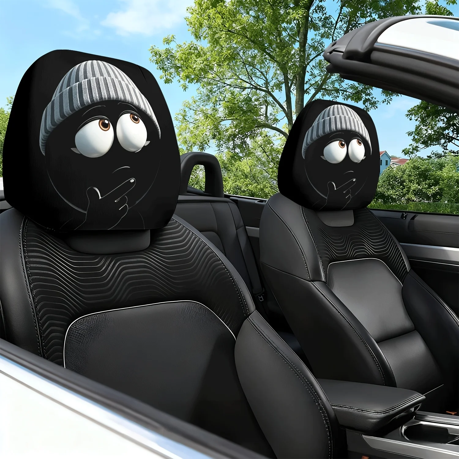 2pcs Mysterious Black Shadow And Big Eyes Theme Print Car Seat Cushion Headrest Neck Pillow Cover - with Cute Design - Car Int