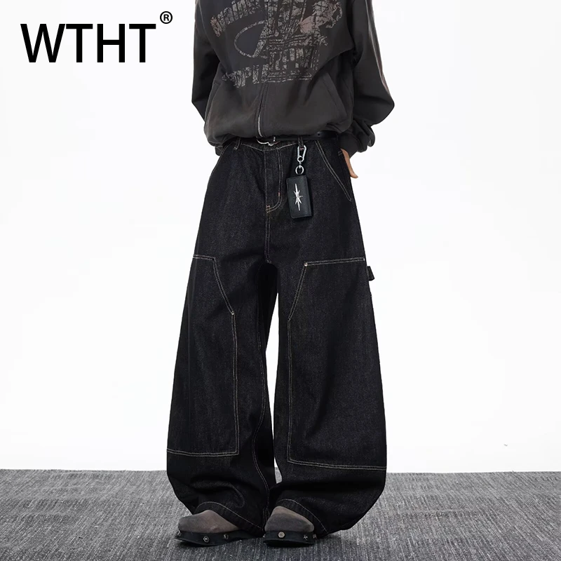 

Мужские джинсы WTHT: однотонные, с лоскутным дизайном, свободные, винтажные, с высокой талией, широкие штанины, весна 2026, модель 2A2658