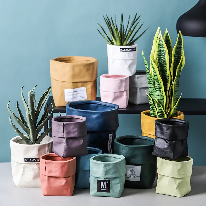 

1pc Ceramic Kraft Paper Bag Flower Pot Green Plant Potted Personality Household Succulent Cactus With Hole