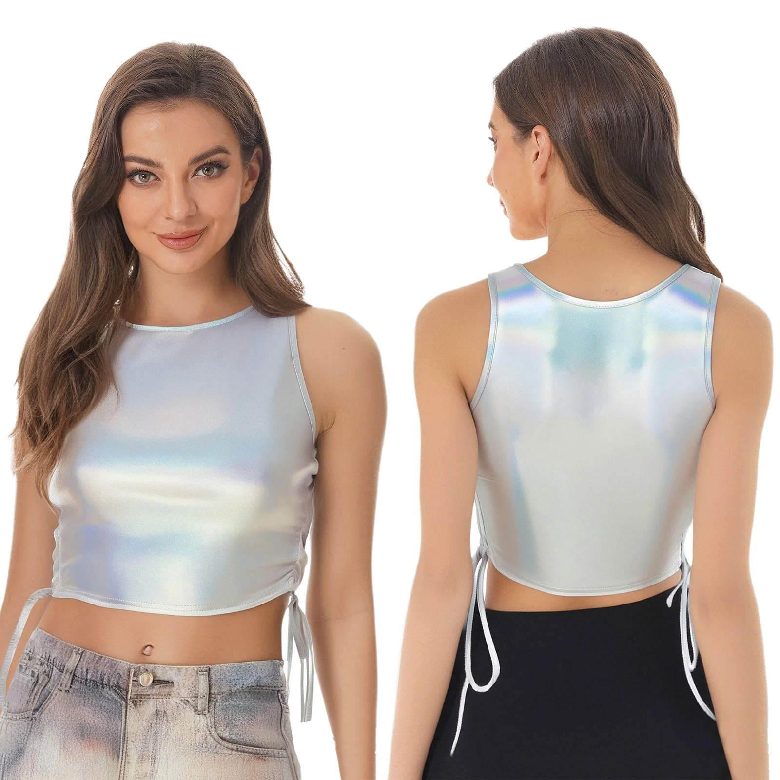 

Women's Fashion Gradient Tank Top Sleeveless Sides Lace-up Slim Fit Shimmery Tops Vest Hip Hop Party Club Dance Top Daily Wear