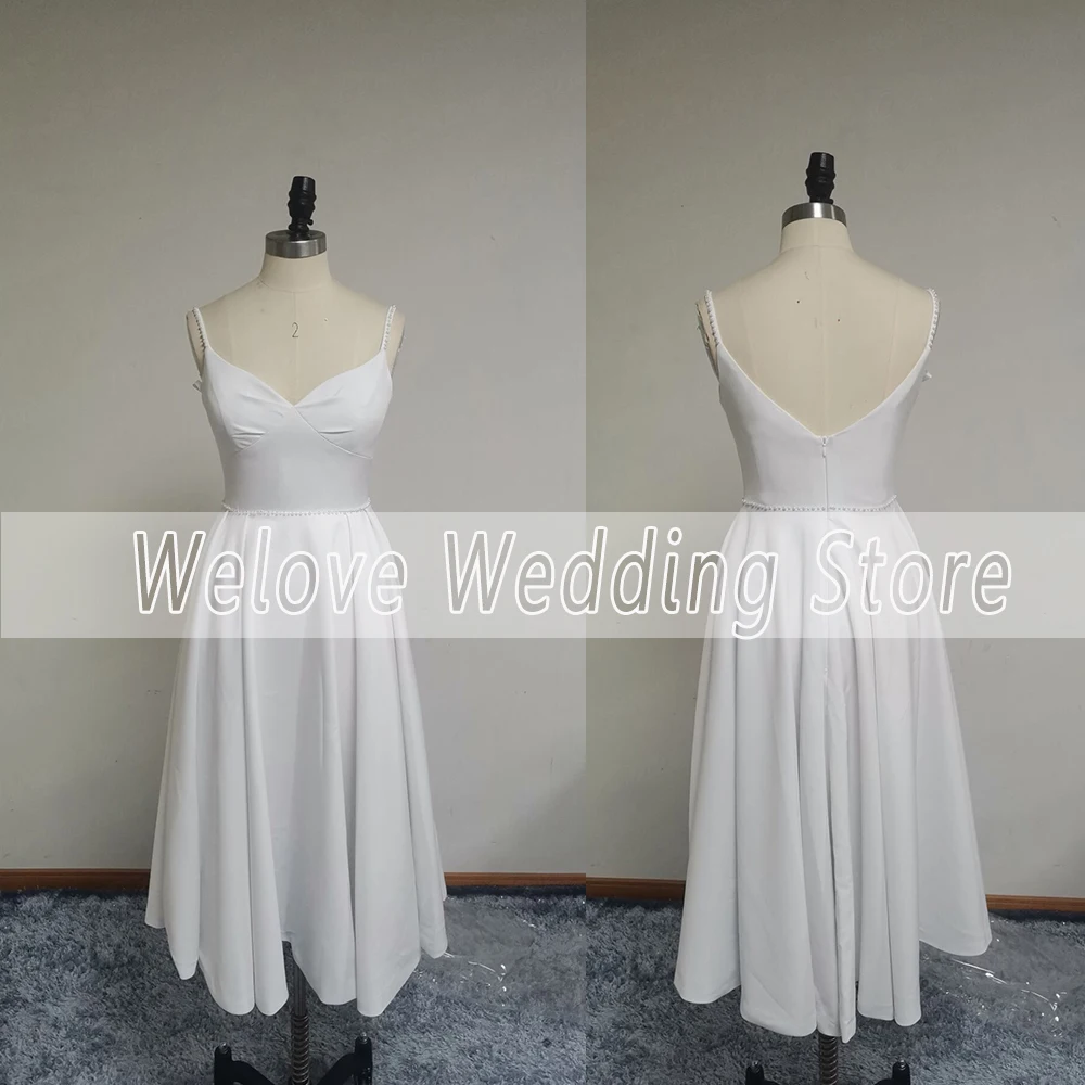 Querida vestidos de casamento chá comprimento simples cintas de espaguete vestido de noiva aberto volta sem mangas vestidos personalizados novia a linha