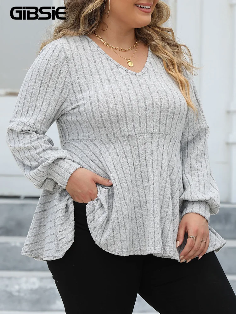 GIBSIE Plus Size Long Sleeve Tops for Women Spring Fall V Neck Peplum Tee Shirt Female Casual Ribbed Knit T-Shirts Clothes 2024