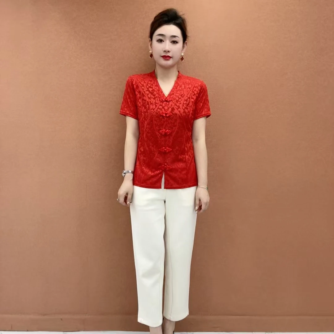 Summer New Fashion Icy Silk Jacquard T-Shirt Senior Mom's Outfit National Style Elegant Button-Up Top