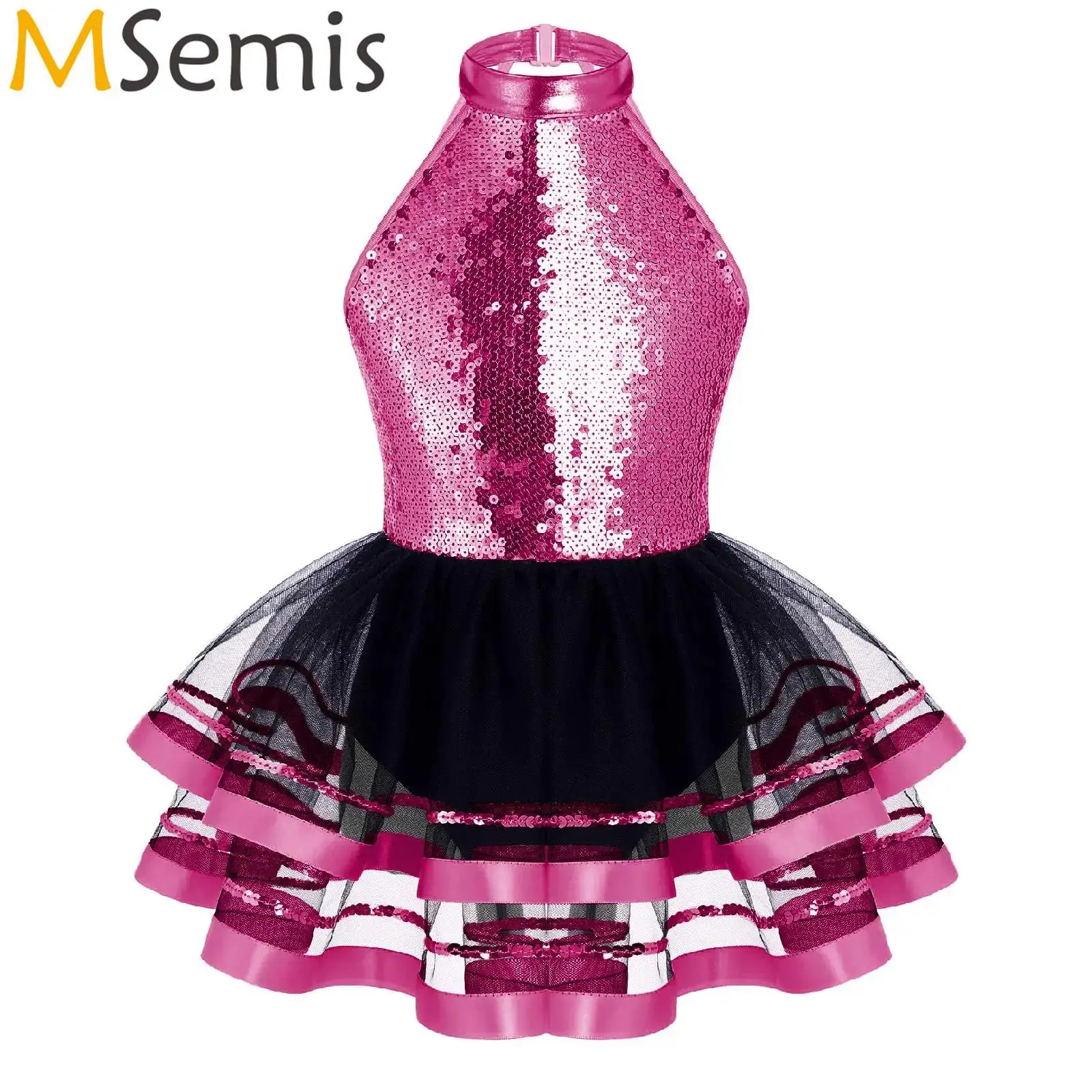 Kids Girls Artistic Gymnastics Ballet Unitards Tutu Skirt Dress Sparkling Sequins Straps Mesh Latin Jazz Dance Leotard Costume