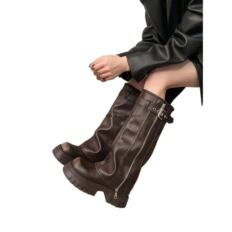 

Platform Long Pipe Booties Casual Women's Knee High Booties Winter Women Biker Boots Fashion Belt Buckle Ladies Elegant