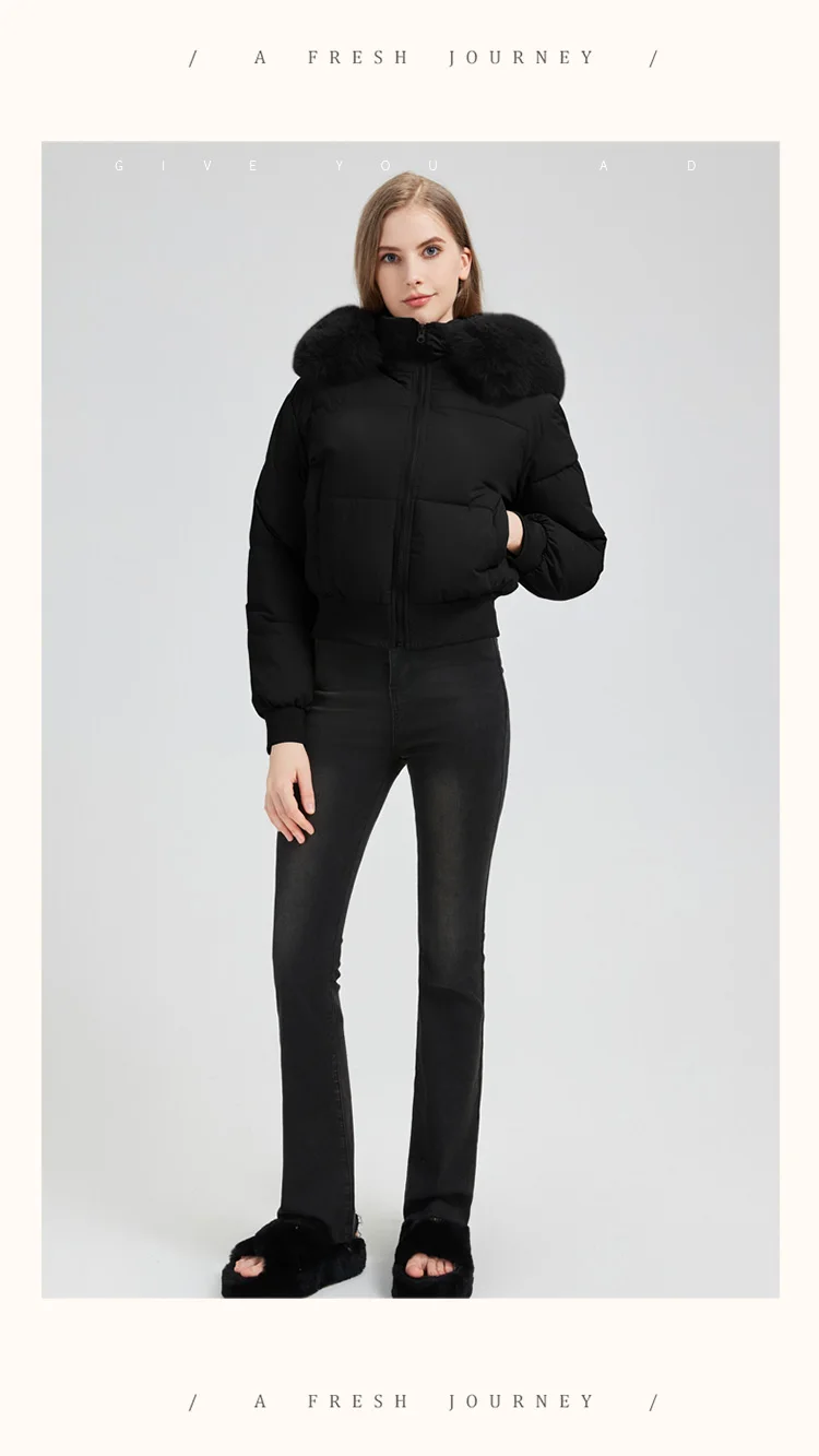 2026 Thicken Short Women's Winter Jacket Korean Style Down Cotton Coat Casual Warm Fur Hooded Cropped Parkas Chic Streetwear