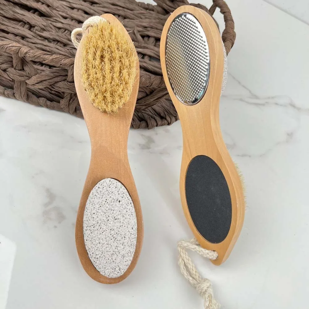 Handheld Wooden Handle Foot File Four in One Design with Hanging Hole Feet Callus Remover Easy To Clean Comfortable Grip