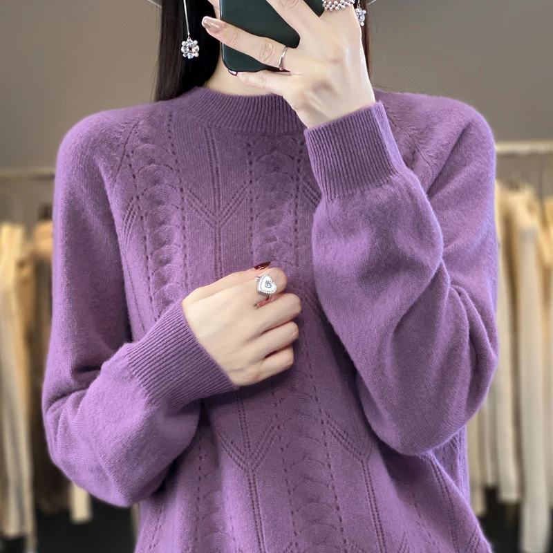 Autumn and Winter 2023 New Women\'s Half High Collar Pullover 100% Merino Wool Knitted Top Casual Loose Cashmere Sweater