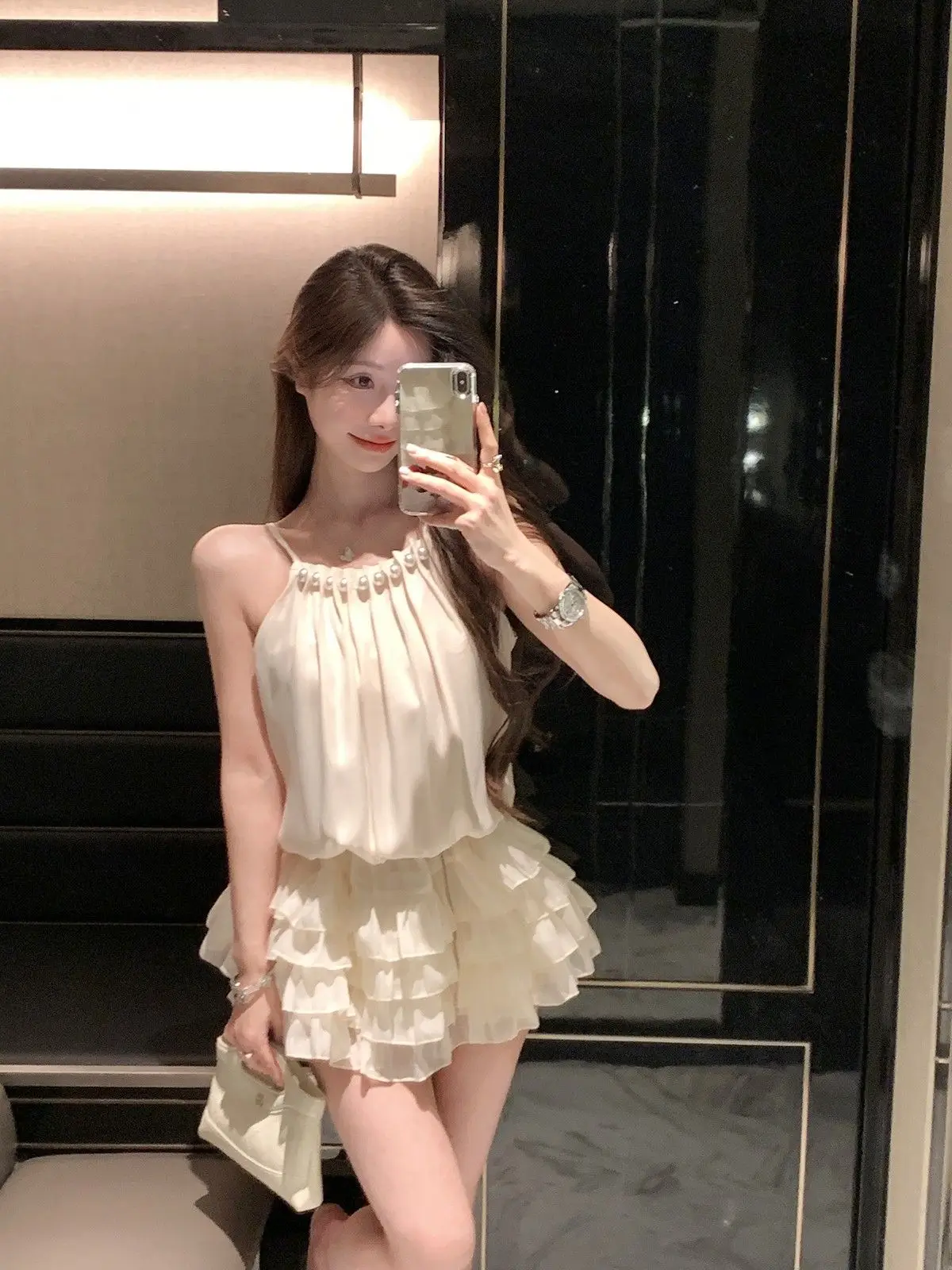 2025 Nieuwe Zomer Sexy Slanke Parel Jurk Damesmode Elegante Mouwloze Mini Jurk voor Vrouwen Vrouwelijke Kantoor Dame Hoge kwaliteit