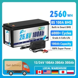 LiFePO4 24V 100Ah 150Ah 12V 100Ah 300Ah Battery Pack 2560Wh Grade A 6000+ Cycles For RV Golf Cart Boat Solar Battery EU NO TAX