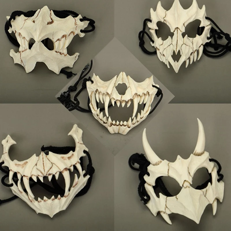 New Halloween Mask Half-face Ghost Mask Cos Dragon God Fierce Tiger Night Fork Tengu Man Wolf Mask Performance Skull Masks Gifts