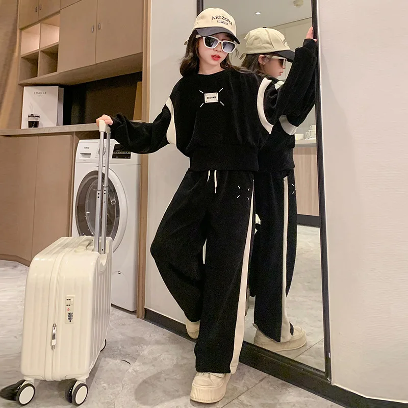 

2023 College Style Girls Spring Suit Teen Clothes Set Korean Long Sleeve Printed Wide Leg Pants Suits Children Loungewear 3-16Y