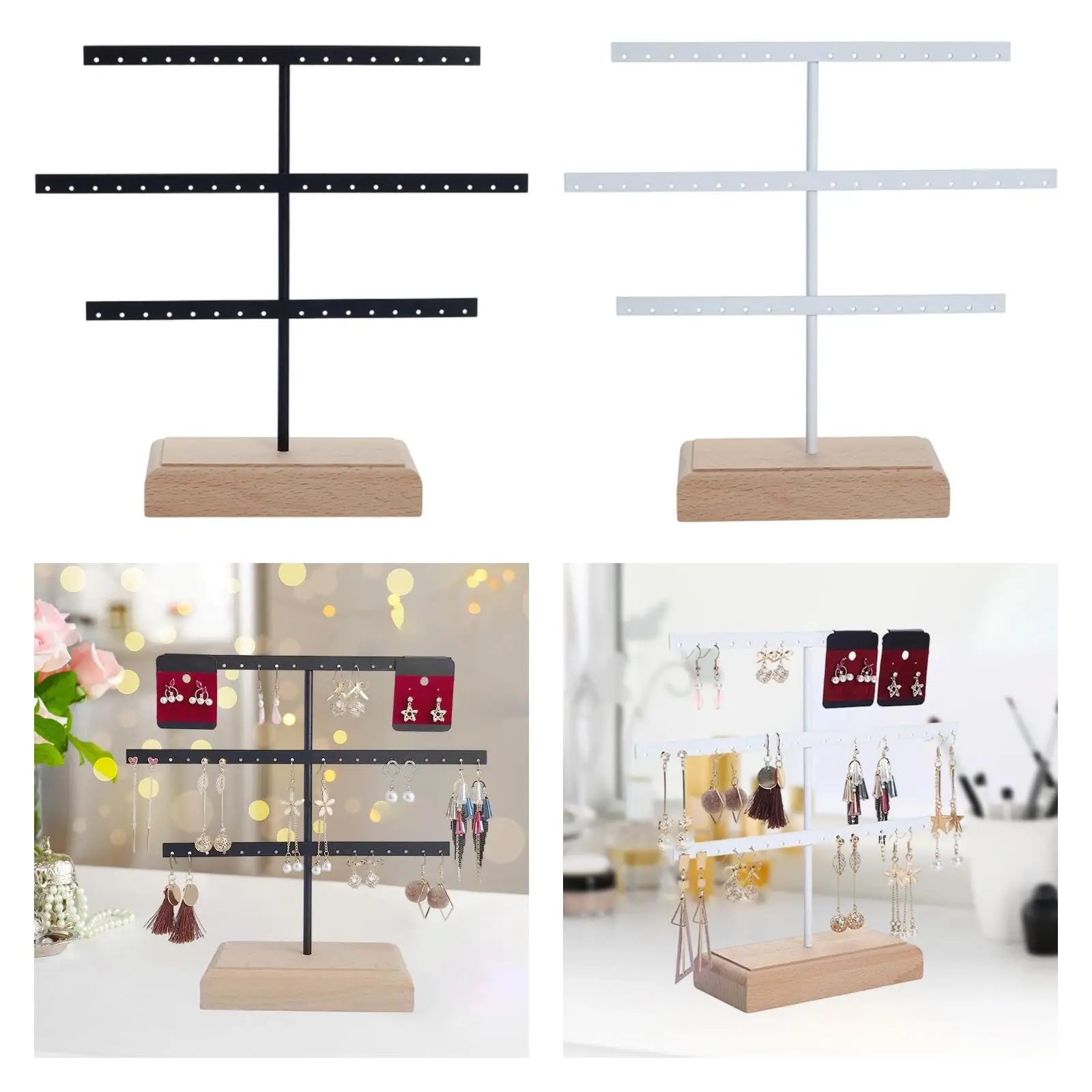 

Earrings Organizer Jewelry Rack Stable Wooden Base 3 Tiers for Women Hanger