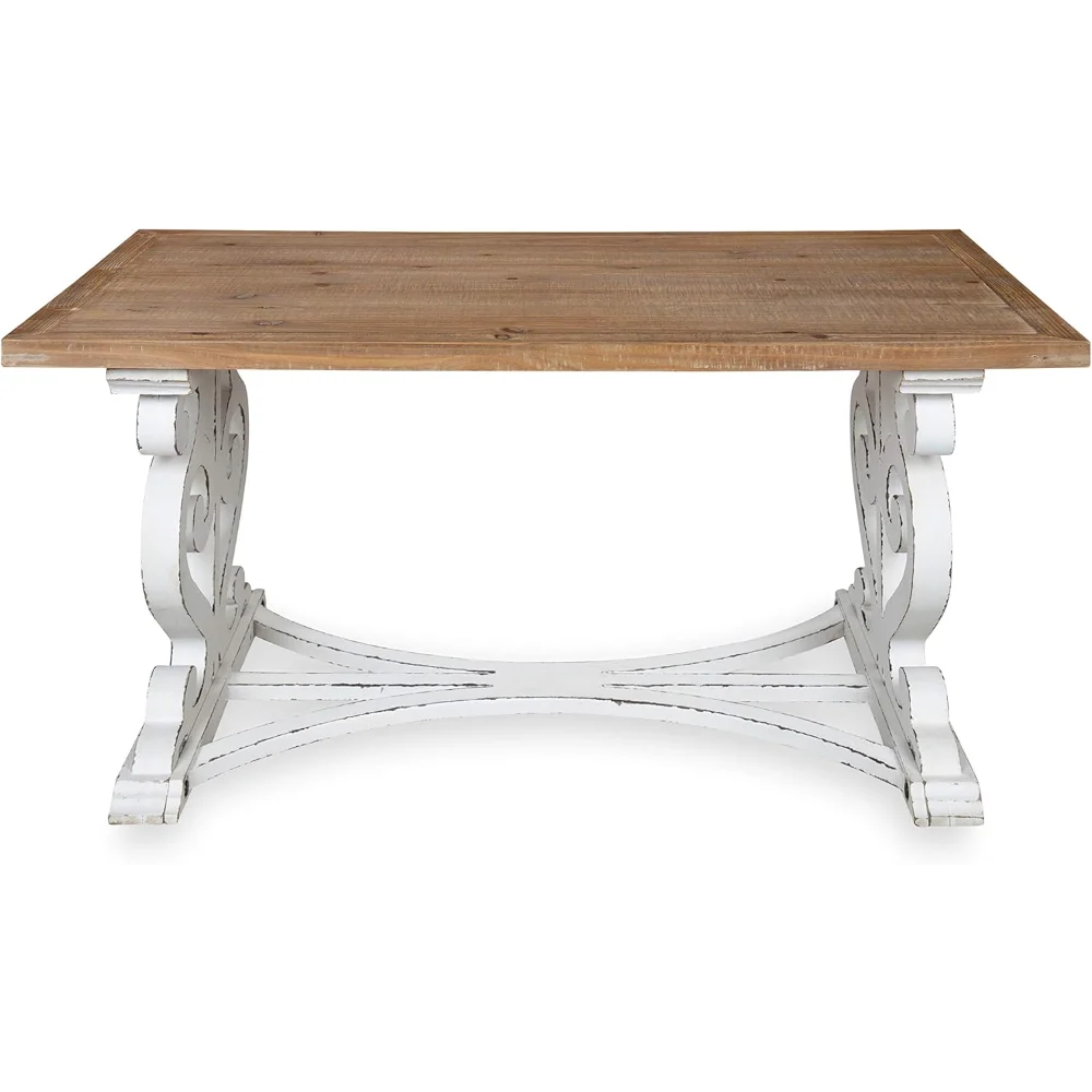 38"×23"×18"H Distressed Brown & White Coffee Table - Rustic Carved Farmhouse-Inspired Living Room Decorative Center Table