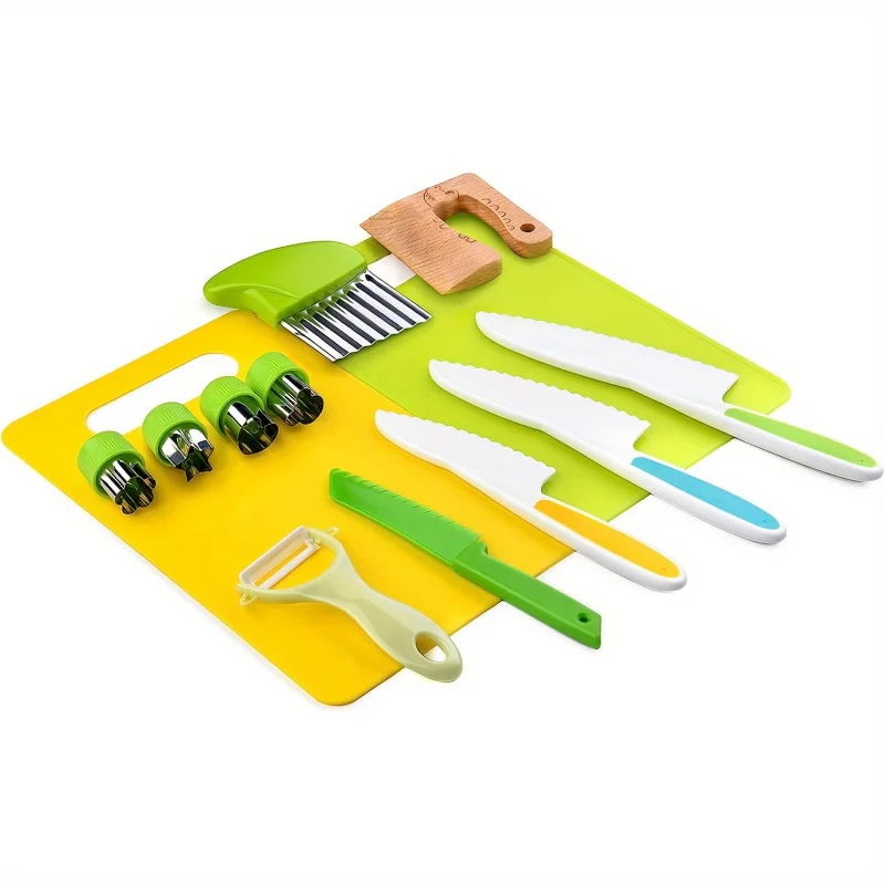 13 pieces Montessori Kitchen Tools Cooking Set - Real Toddler Safe Knives, Crinkle Cutter, Cutting Board - Safe for Real Cooking