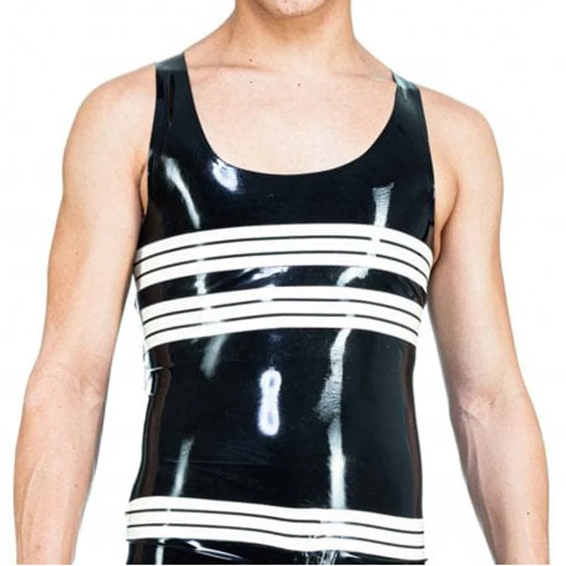 

Black And White Stripes Trims Sexy Latex Tank Sleeveless Rubber Vest Top Clothings YF-0354