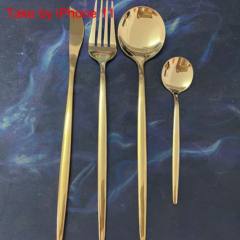 24pcs Stainless Steel Gold Dinnerware Set - Knife, Fork, Spoon | Bright Shine Tableware Cutlery Set