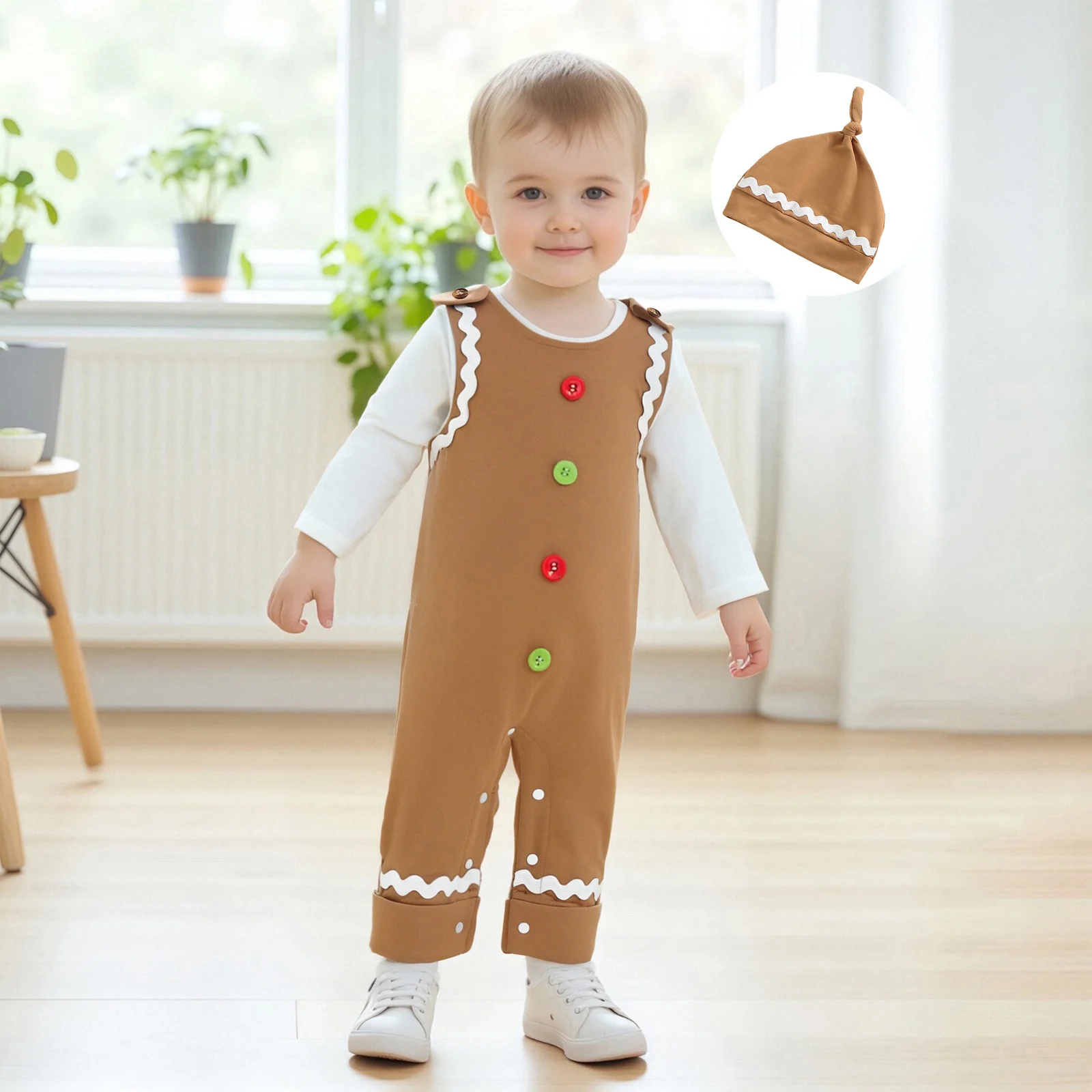 

Infant Baby Clothing Boy Outfits Long Sleeve Crew Neck Romper Tops with Contrast Color Overalls Pants Hat Fall Clothes Set