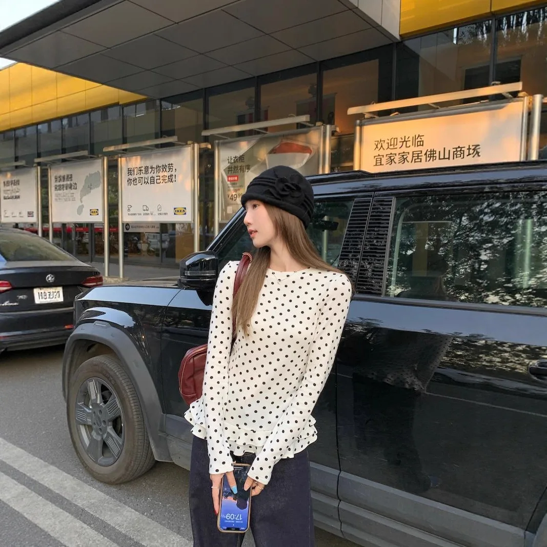 

Sweet Wind White Polka Dot Long-sleeved T-shirt Women's Summer New Ruffle Edge Bottoming Shirt Top