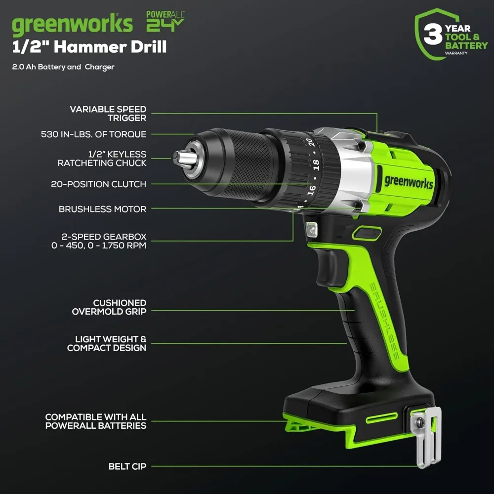 Greenworks 24-Volt Cordless 1/2-Inch Hammer Drill with 530 Inch-Pounds Torque, 2.0Ah Battery and Charger Included, Model DDG402