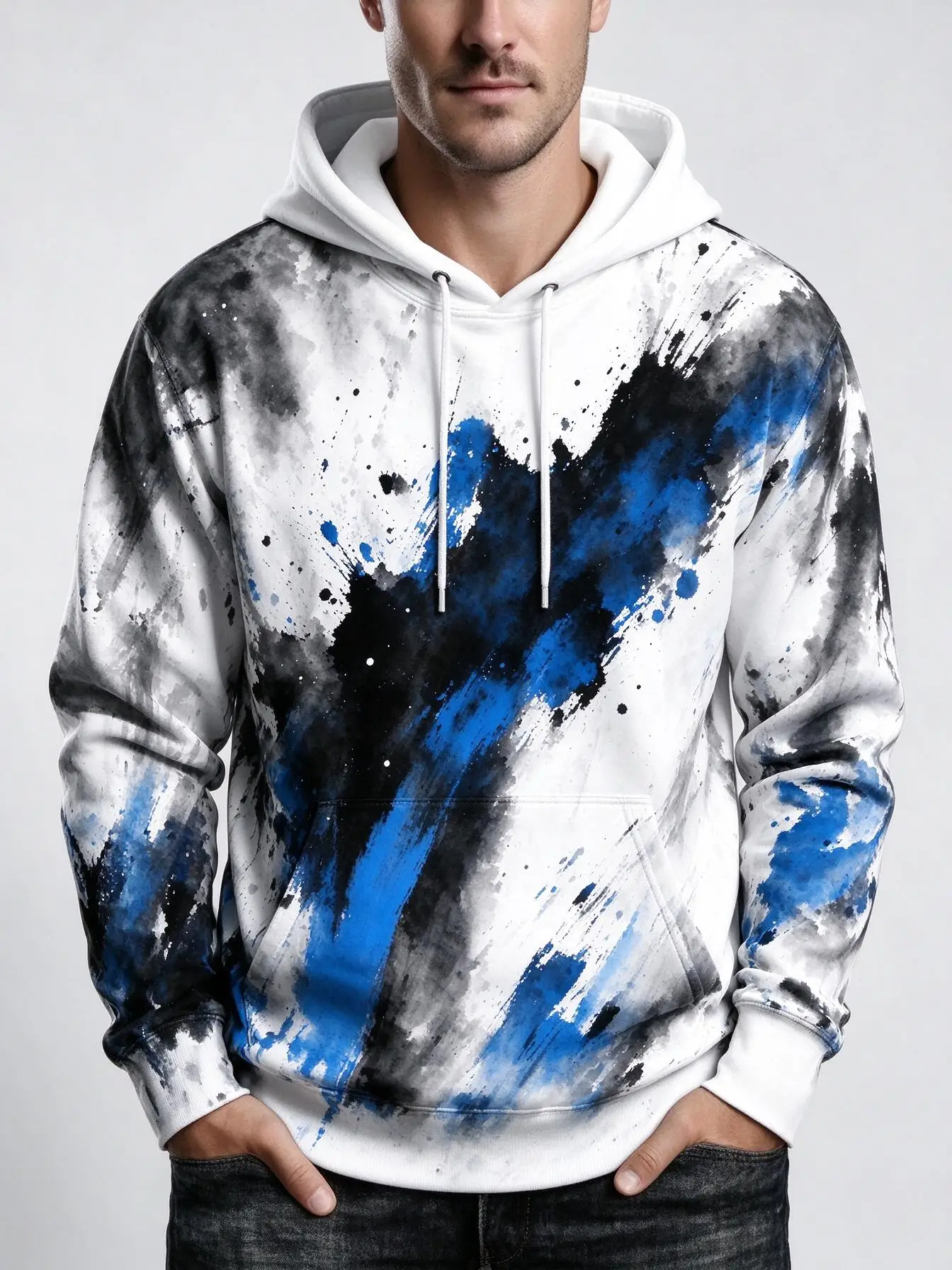 Men's Hoodie thin Autumn Winter Abstract Paint Splash Ink Brush Graphic Loose Drawstring Pocket Sweatshirt Clothes