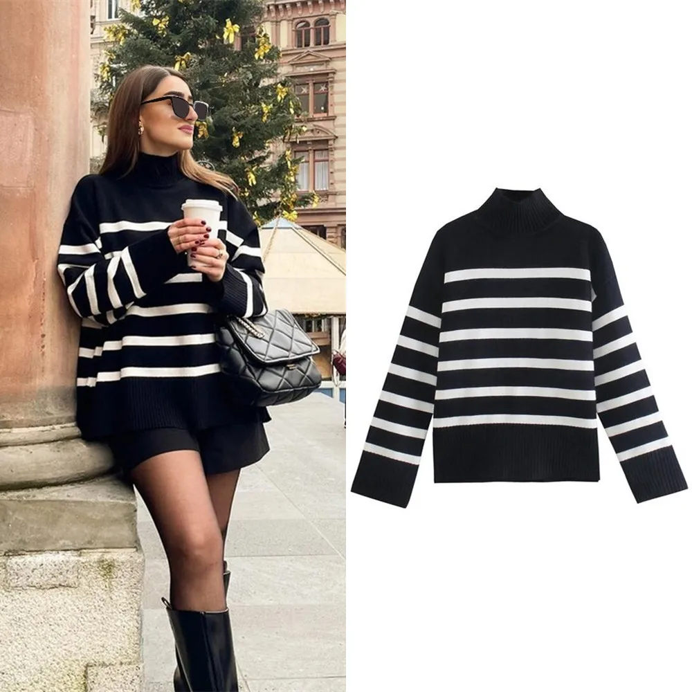 Ladies Autumn Winter Sweater Women Pullovers Loose Striped Casual Knit ChicTurtleneck Jumper Women Oversize Sweater Tops Female