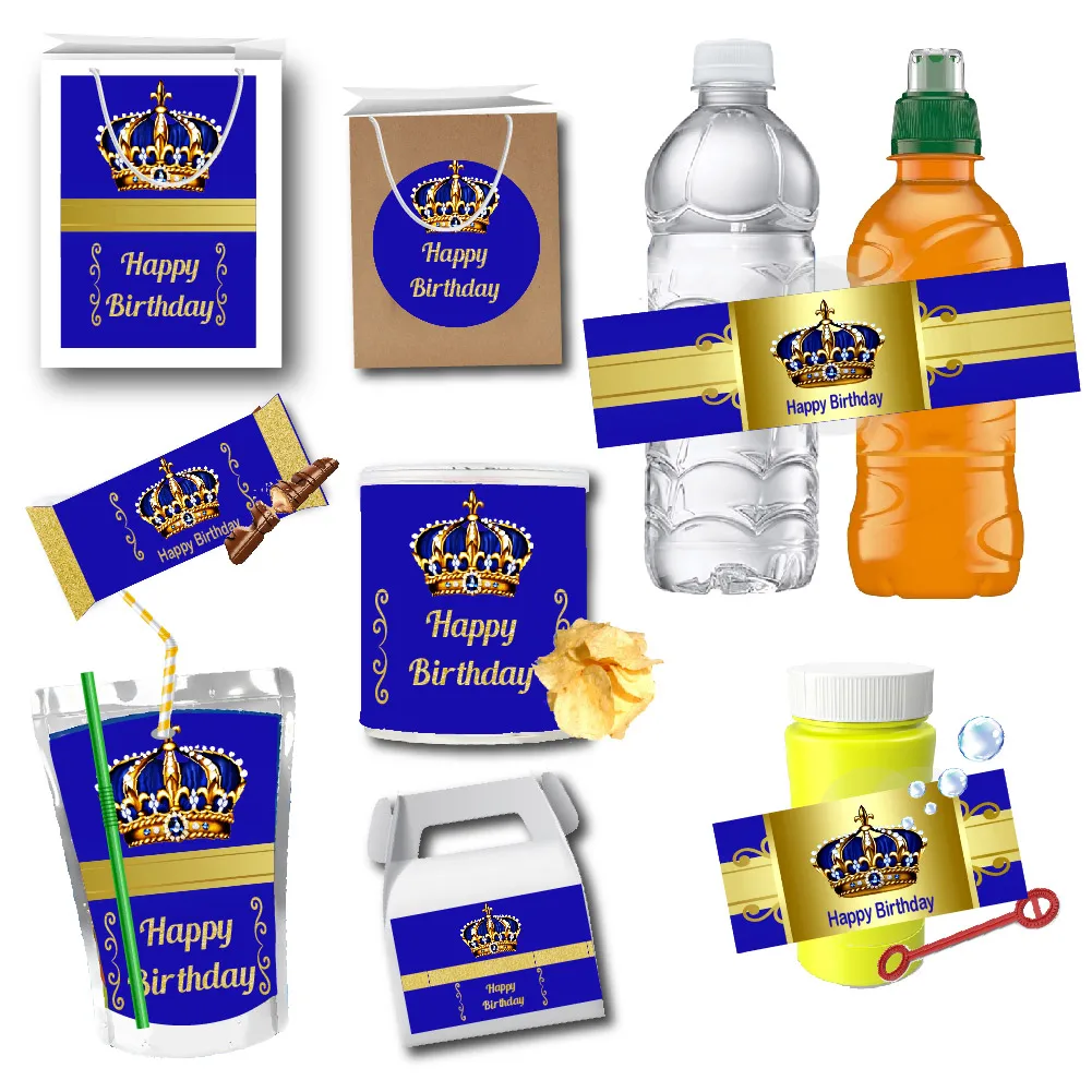 Gold Crown Prince Birthday Water Bottle Labels Juice Pouch Sticker Chips Bag Wrapper Circuncision Festival Party Decor Supplies