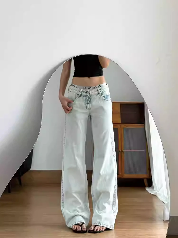 Women's American Retro Bleach Jean Baggy Jean Low Rise Denim Pants Y2K Cowboy Japanese Grunge High Street Harajuku Tide 2000s