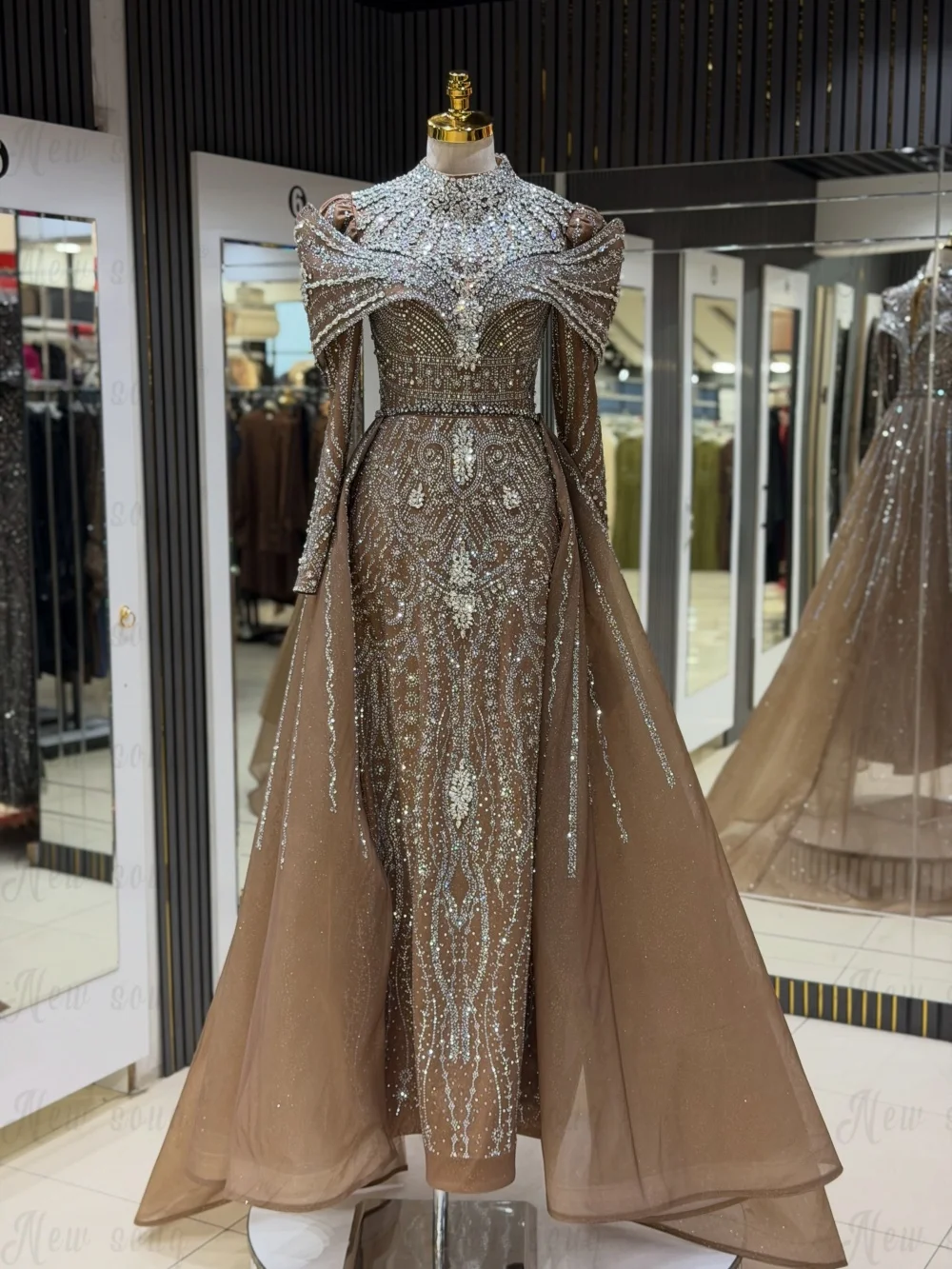 2026 Turtleneck Brown Prom Dress With Detachable Skirt Embroidery Applique Wedding Guest Gowns Customized Dubai Reception Dress view 4