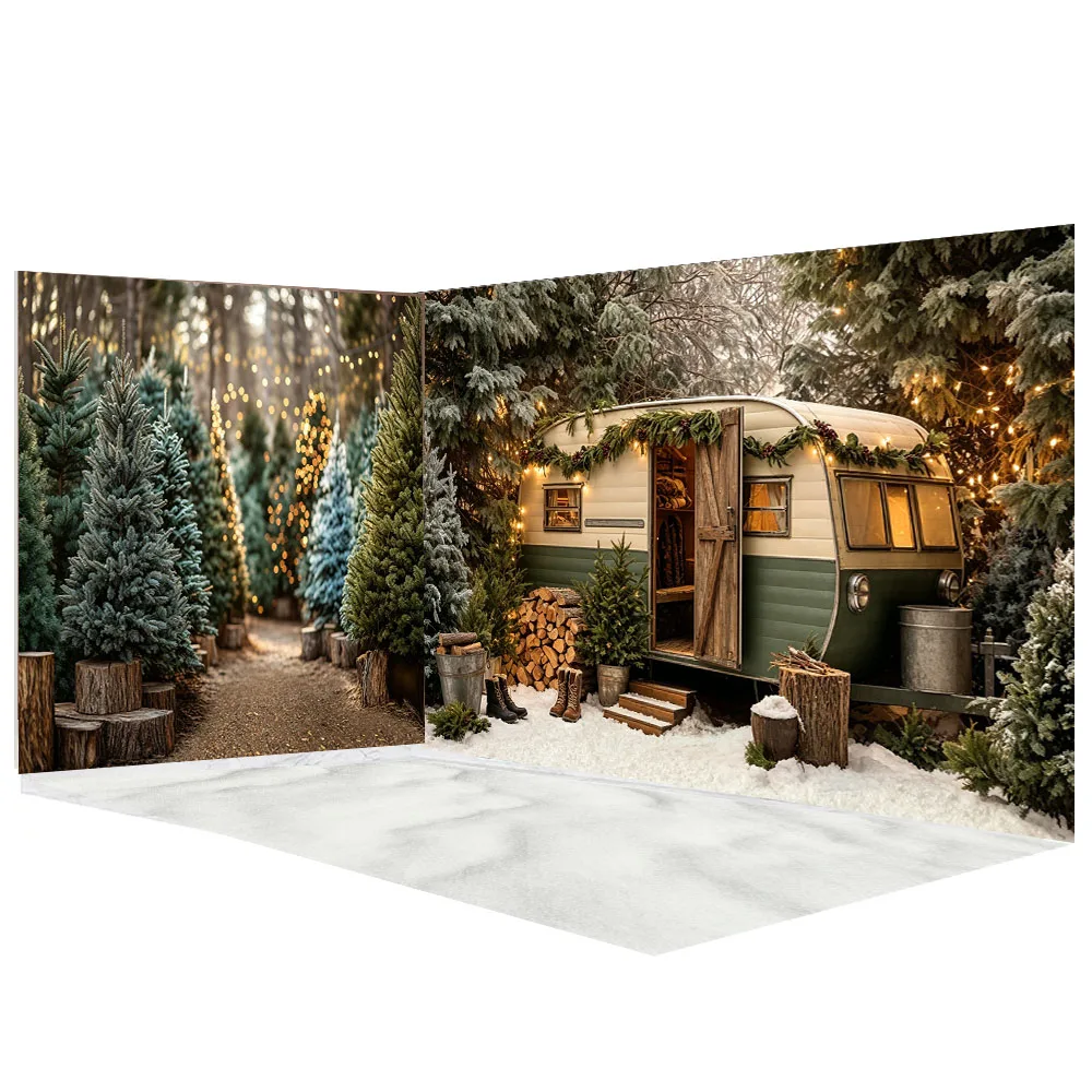 Mocsicka Christmas Vintage Green Camper Backdrop Photography Snowy Pine Tree Winter Forest Background Xmas Family Newborn Photo