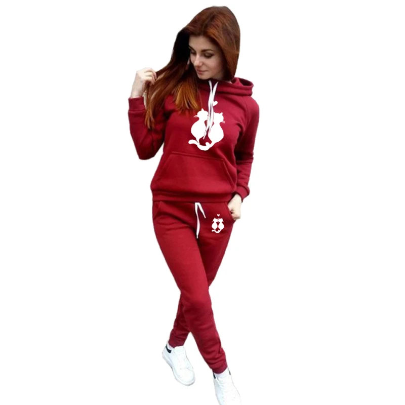 Winter New Cute Cat Love Women Sportsuits Two Piece Suits Hooded Sweatshirts Long Pants Fashion Sets
